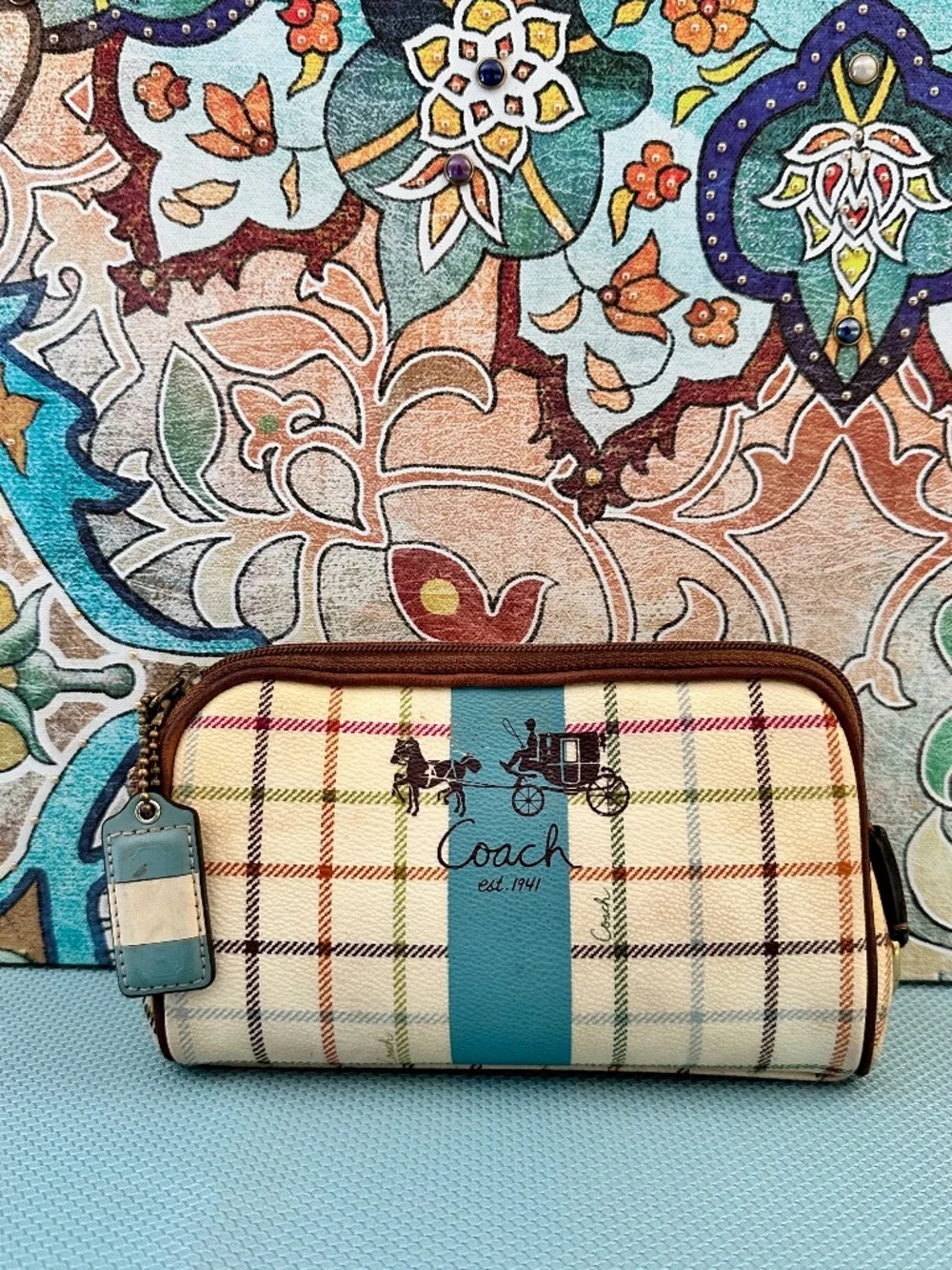 Coach Tattersall Blue Stripe Beauty Case/Cosmetic Bag